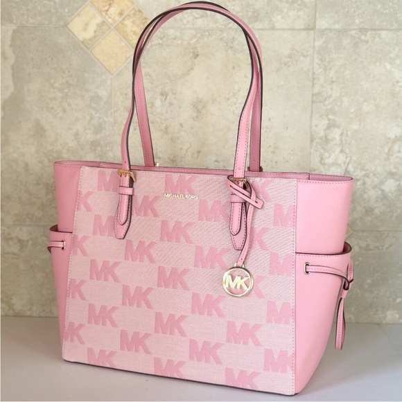 Michael Kors Gilly Large Drawstring Tote Shoulder Bag MK Graphic Logo Carnation - Picture 3 of 10